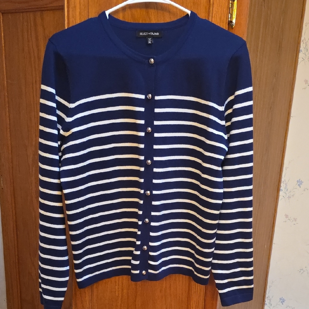 Elegant Navy and White Striped Cardigan